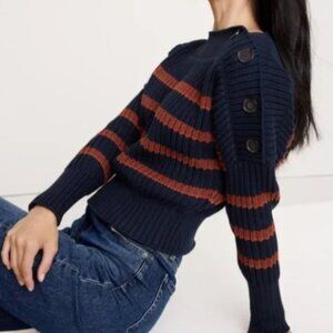 Banana Republic Boatneck Button Shoulder Striped Sweater Navy & Brown Sz Med